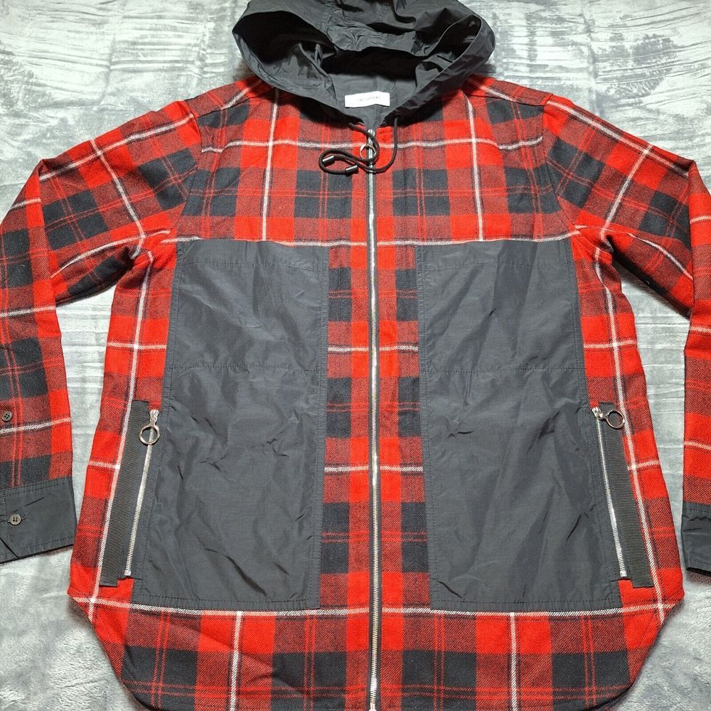 TIM COPPENS Wool Hooded Shirt Jacket Sz M Red Black Buffalo Plaid Lightweight